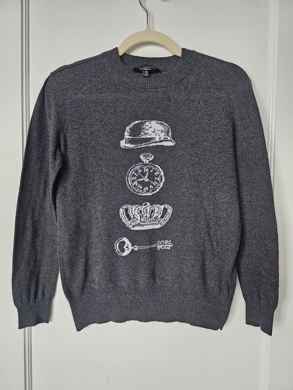 Thakoon Charcoal Gray Crewneck Sweater with White Graphic Motif